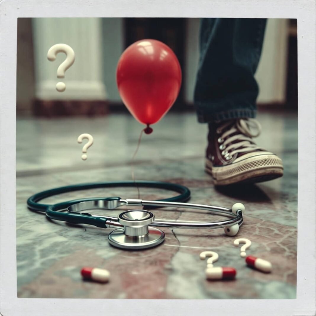 Cracked stethoscope, red balloon, courthouse floor.