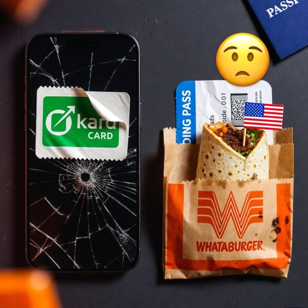 Green card on cracked iPhone, Whataburger bag, flag burrito.