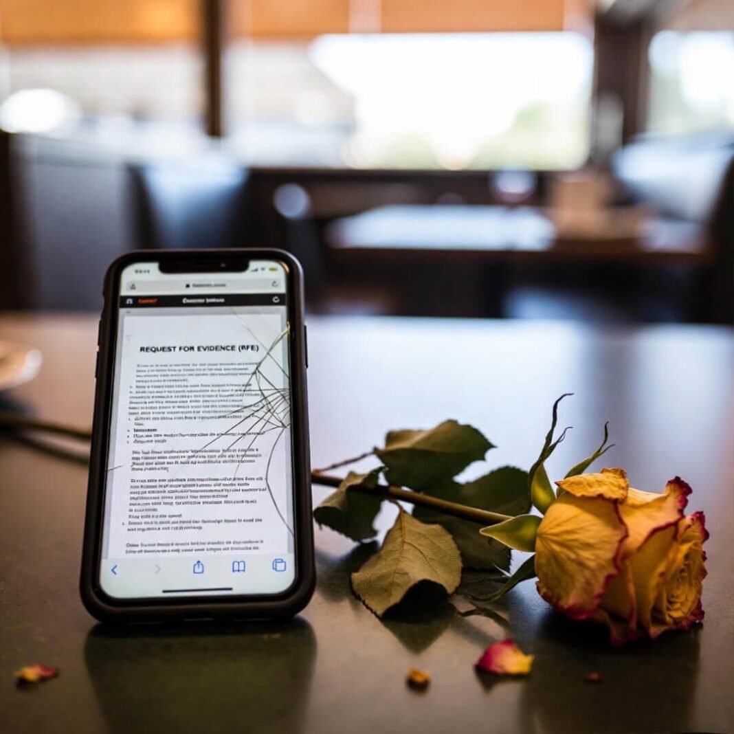 racked phone, wilted rose on diner table.