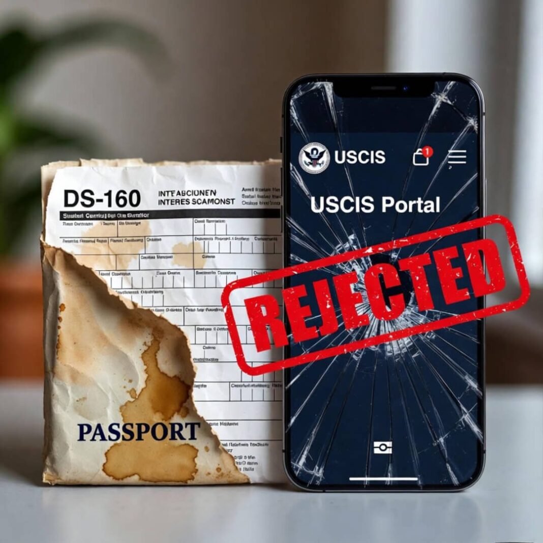 Crumpled DS-160, cracked phone: REJECTED stamp.