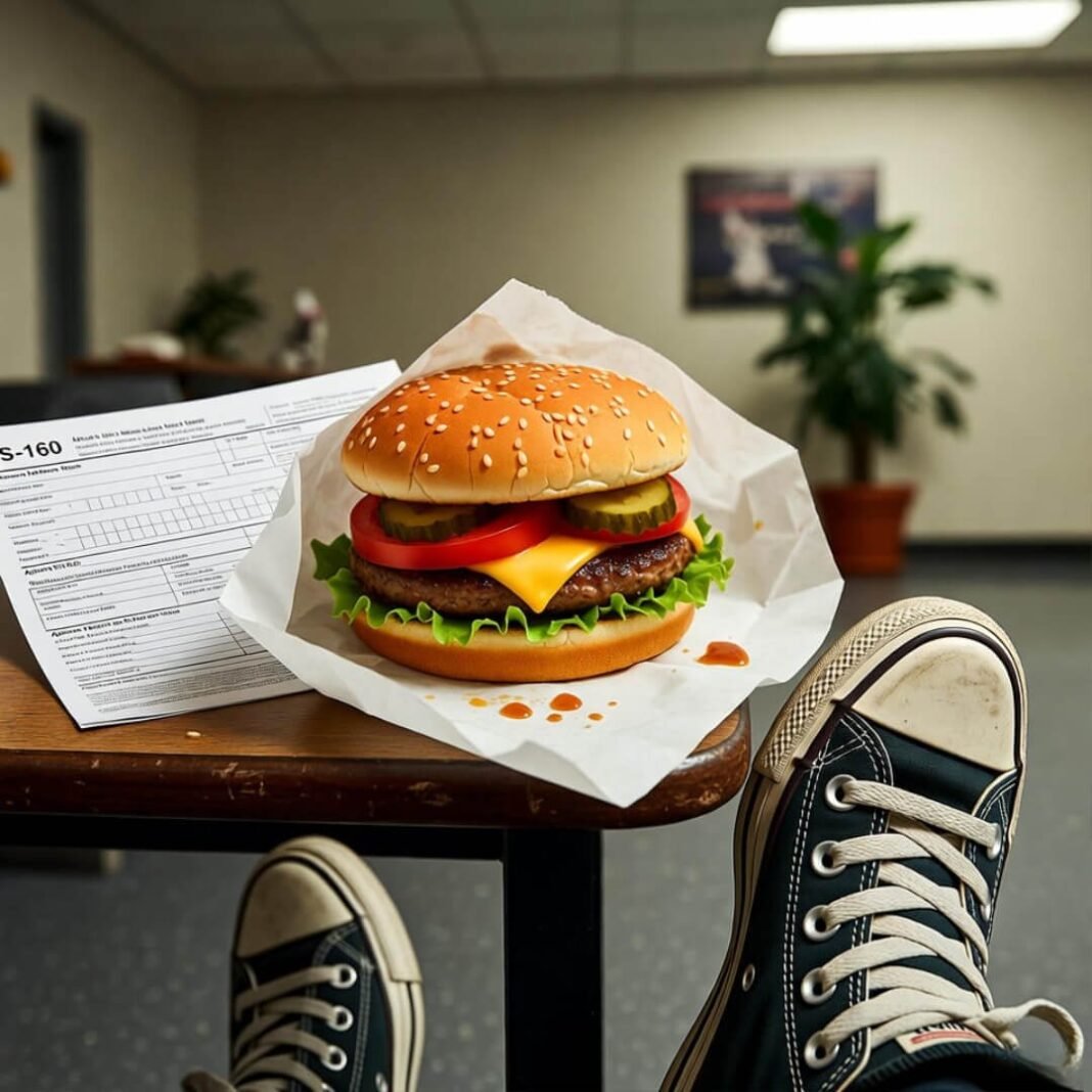 Cheeseburger and DS-160 on consulate table, nervous Converse.