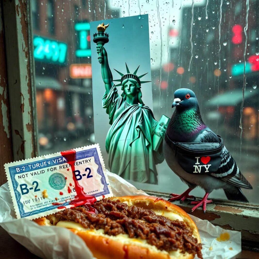 Visa bleeding on cheesesteak, sad pigeon stares