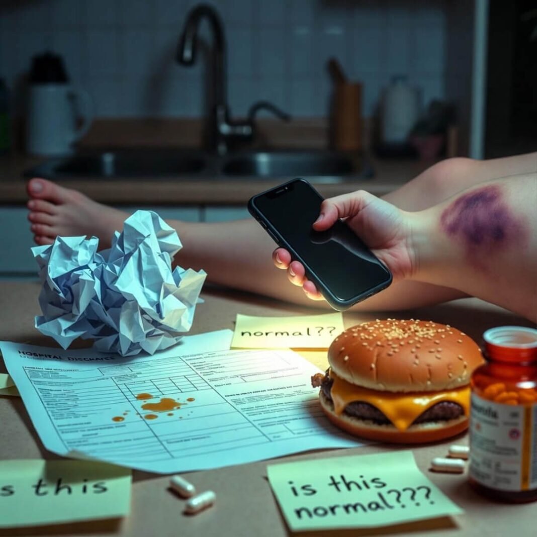 Midnight bruise check on messy table