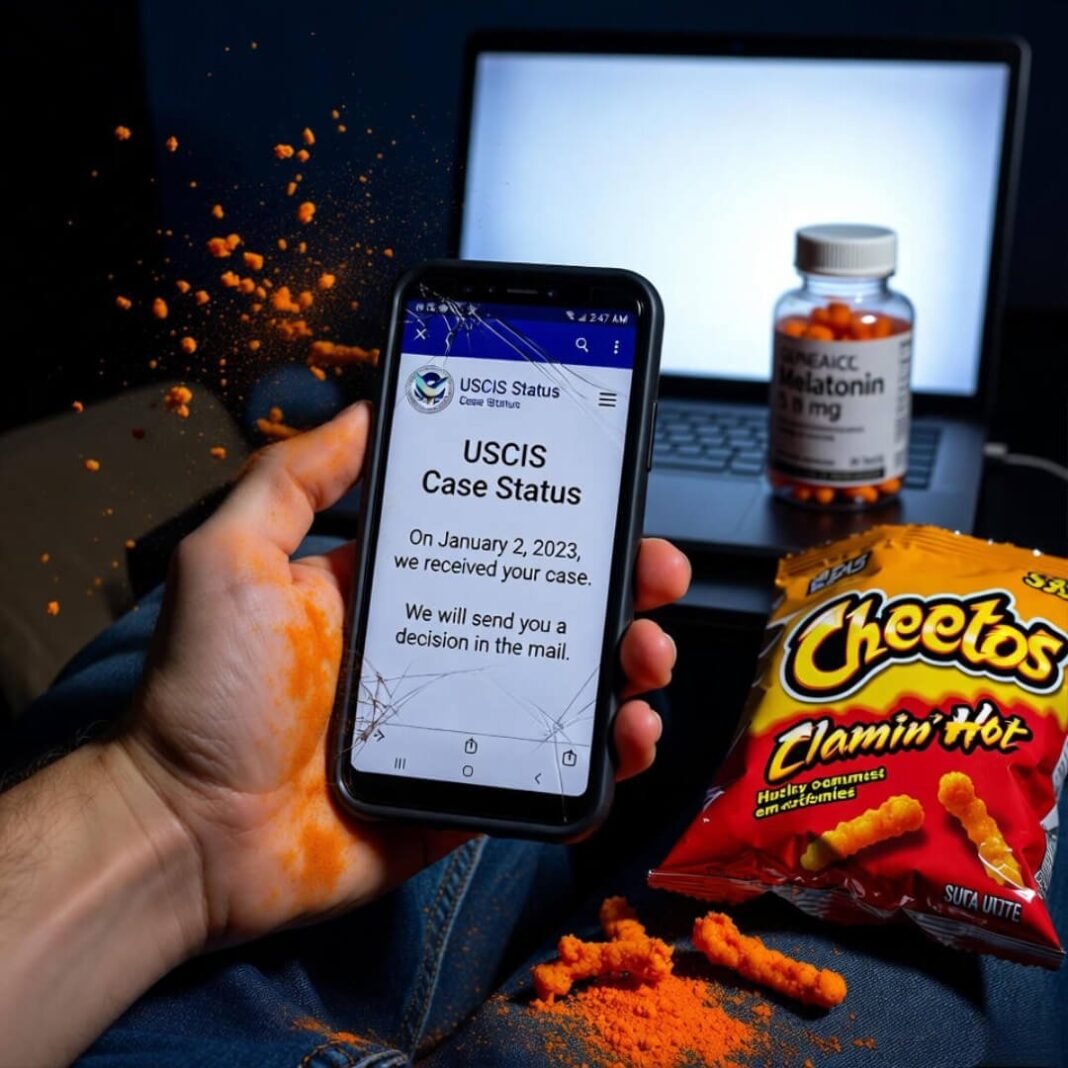 Cracked phone USCIS status, Cheetos chaos, 2:47 AM