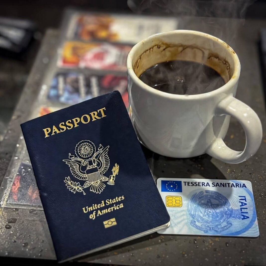Crumpled passports and burnt coffee on diner counter.