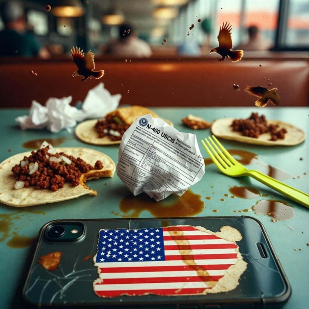 Messy tacos, USCIS form, coffee-stained diner table.