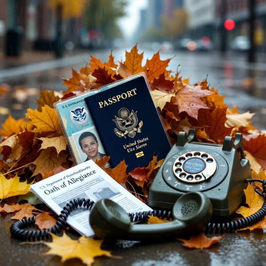 Passport buried in leaves with dangling phone.
