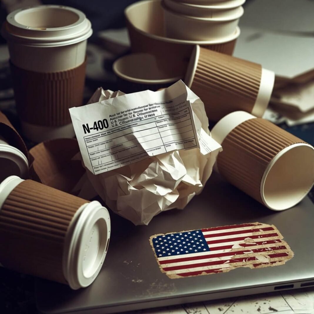 Crumpled N-400 amid coffee cups, peeling flag.