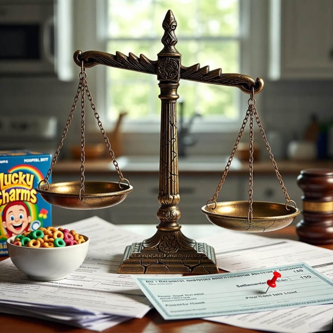 Cracked scales on kitchen table with pinned settlement check.