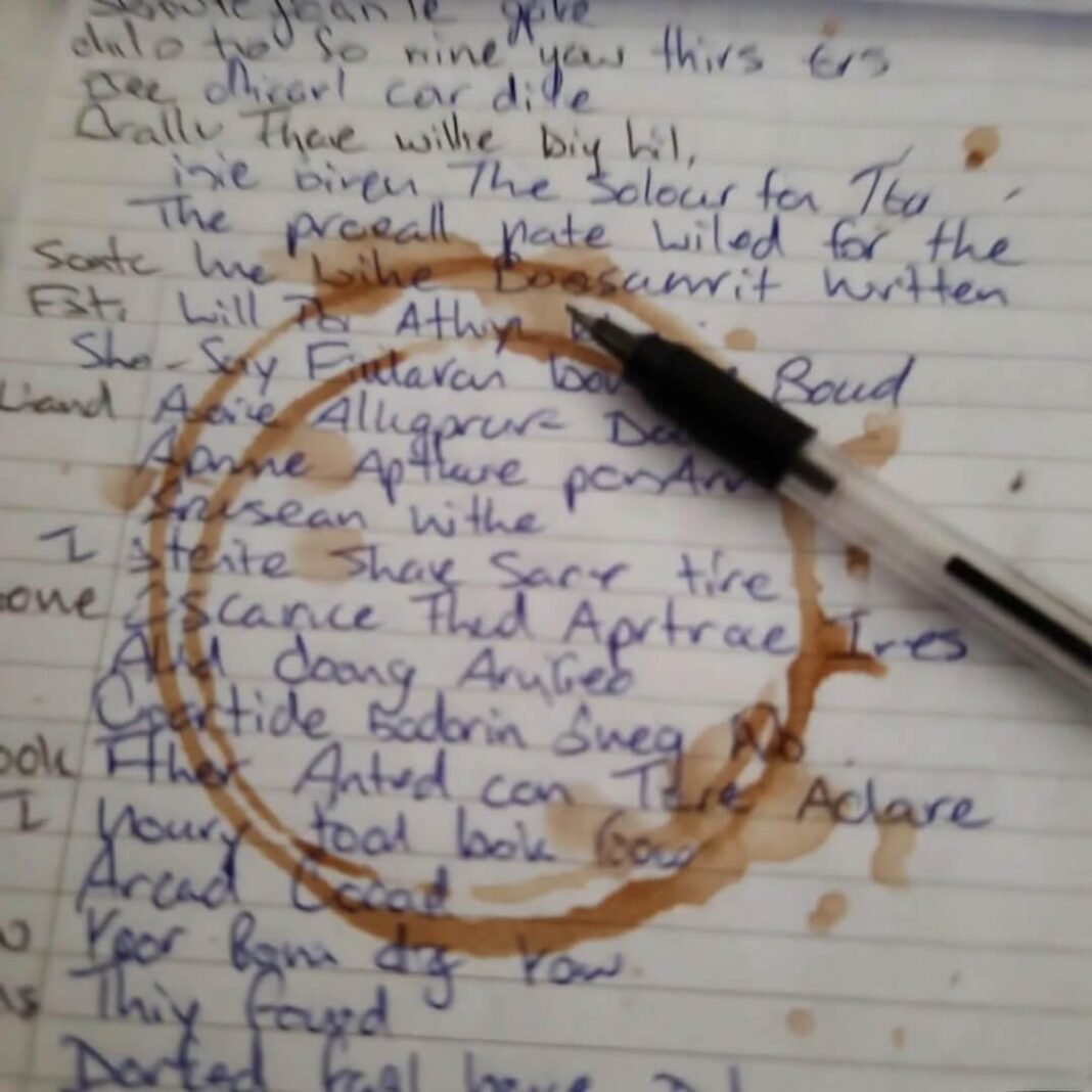 Coffee-stained legal pad with chaotic will notes