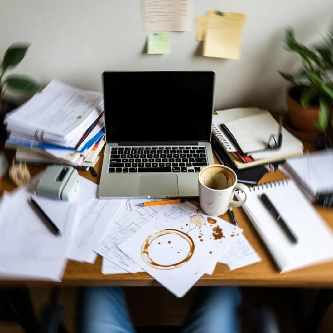 Cluttered desk, coffee stains, estate panic.