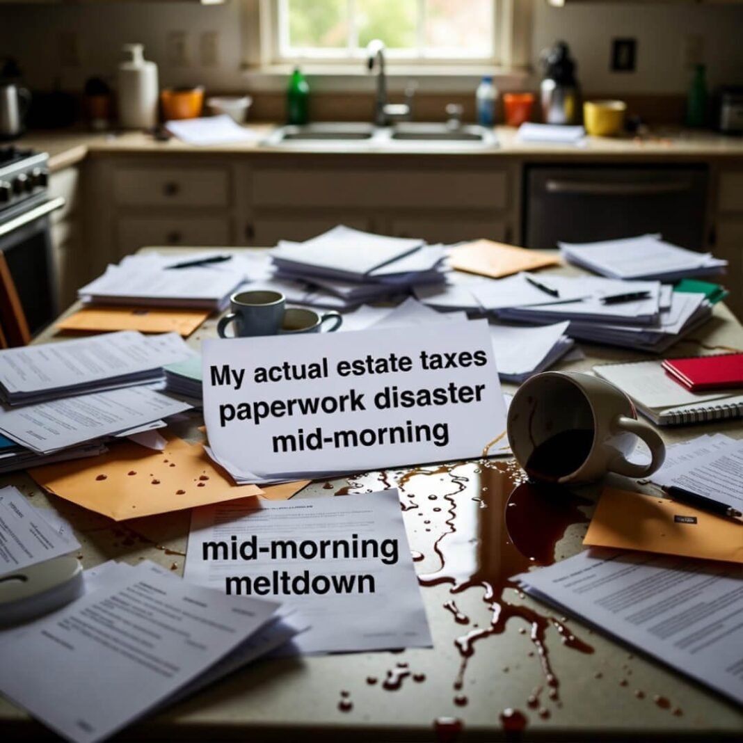 Coffee-soaked estate tax chaos on table.