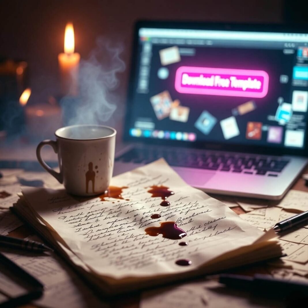 Coffee-stained will draft on laptop by candlelight.