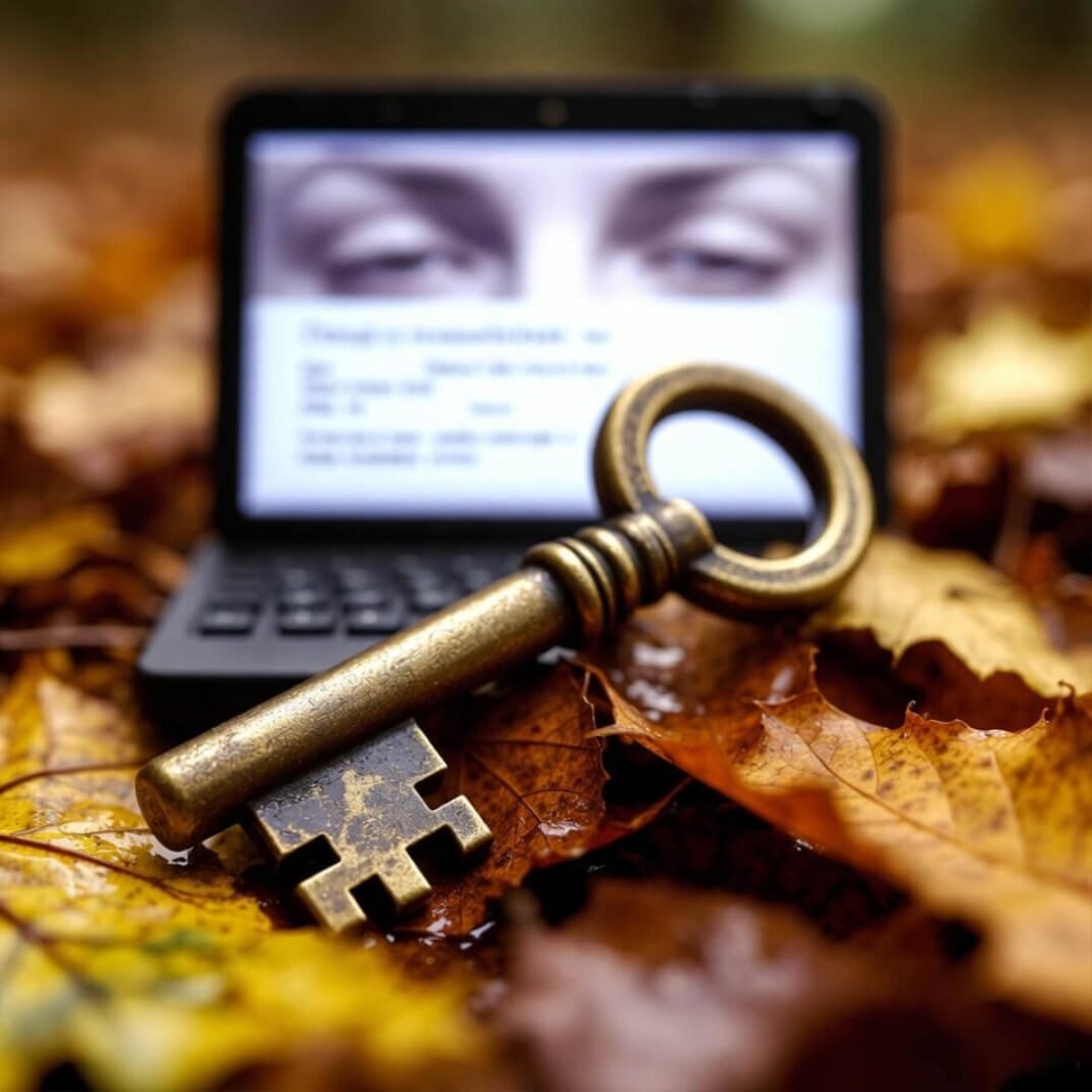Key, laptop, leaves, tired eyes reflection.