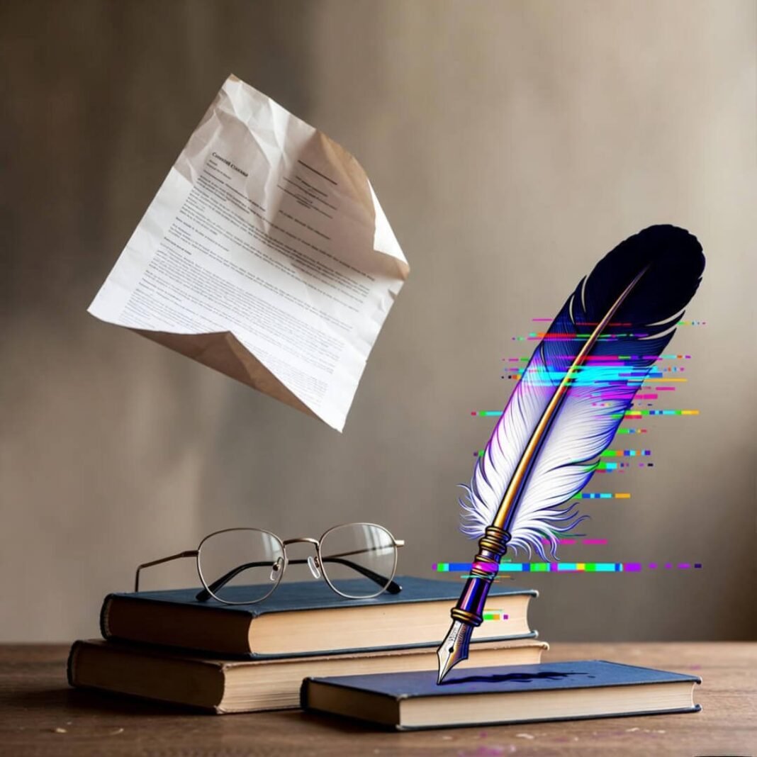 Floating contract over stained books and glasses.