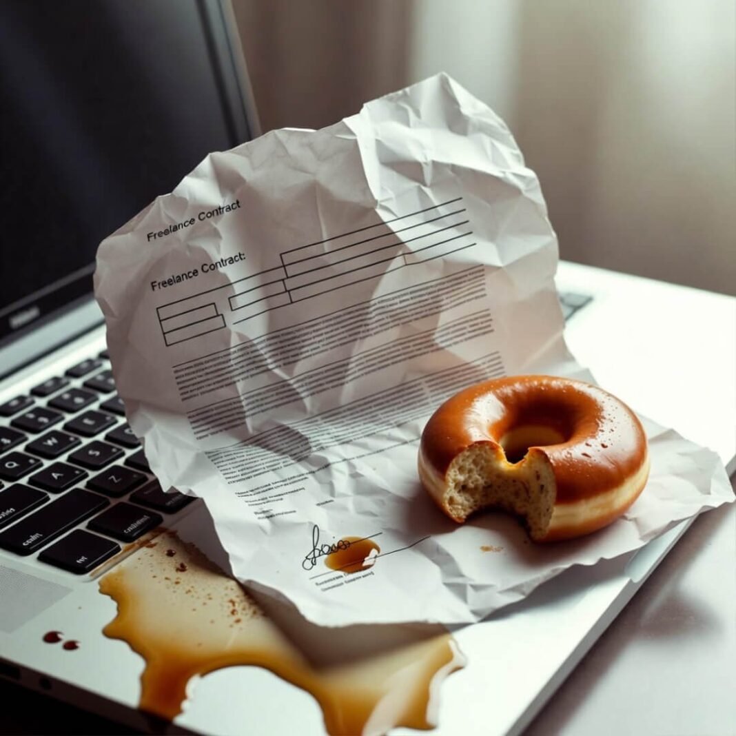 Coffee-soaked contract and donut disaster.