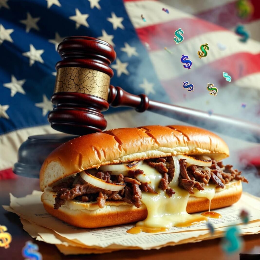 Greasy gavel on flag with oozing cheesesteak.