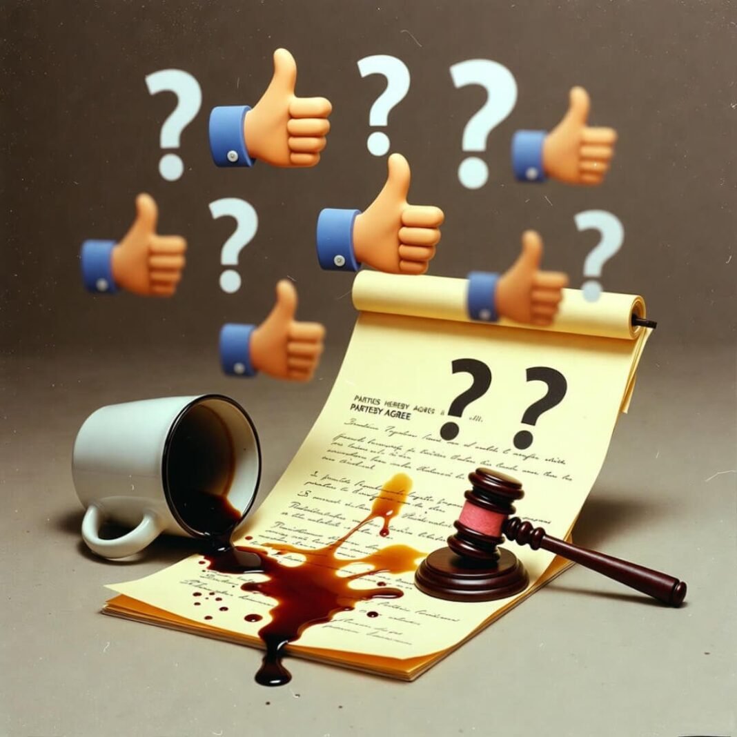 Spilled coffee on contract with thumbs-up to question marks.