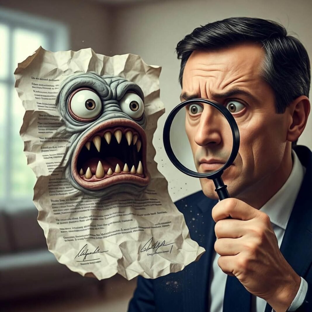 Bewildered man magnifies monster contract face.