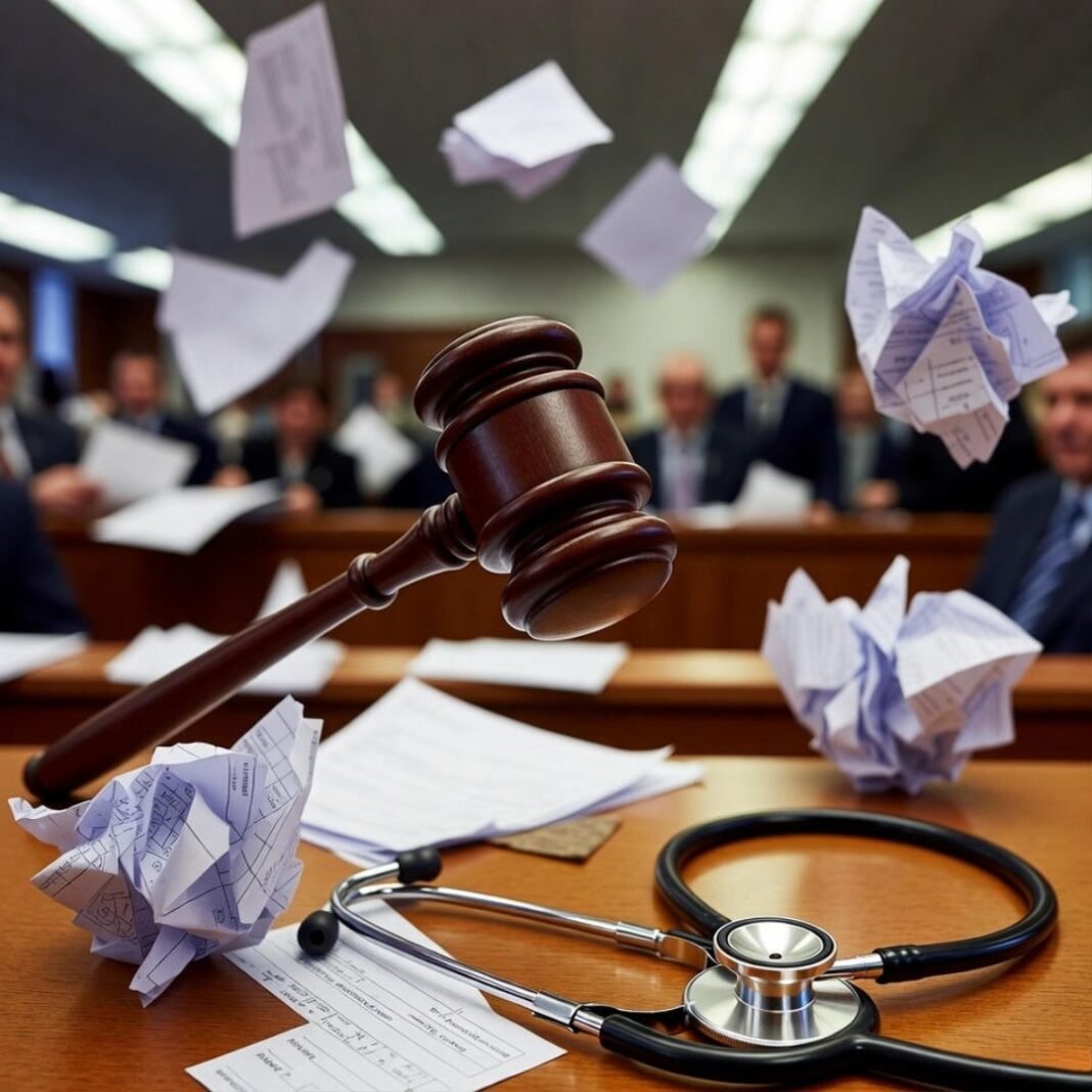 Gavel crashing into medical chaos overhead.