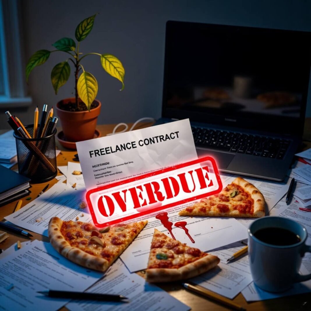 Overdue freelance contract under cold pizza slices.