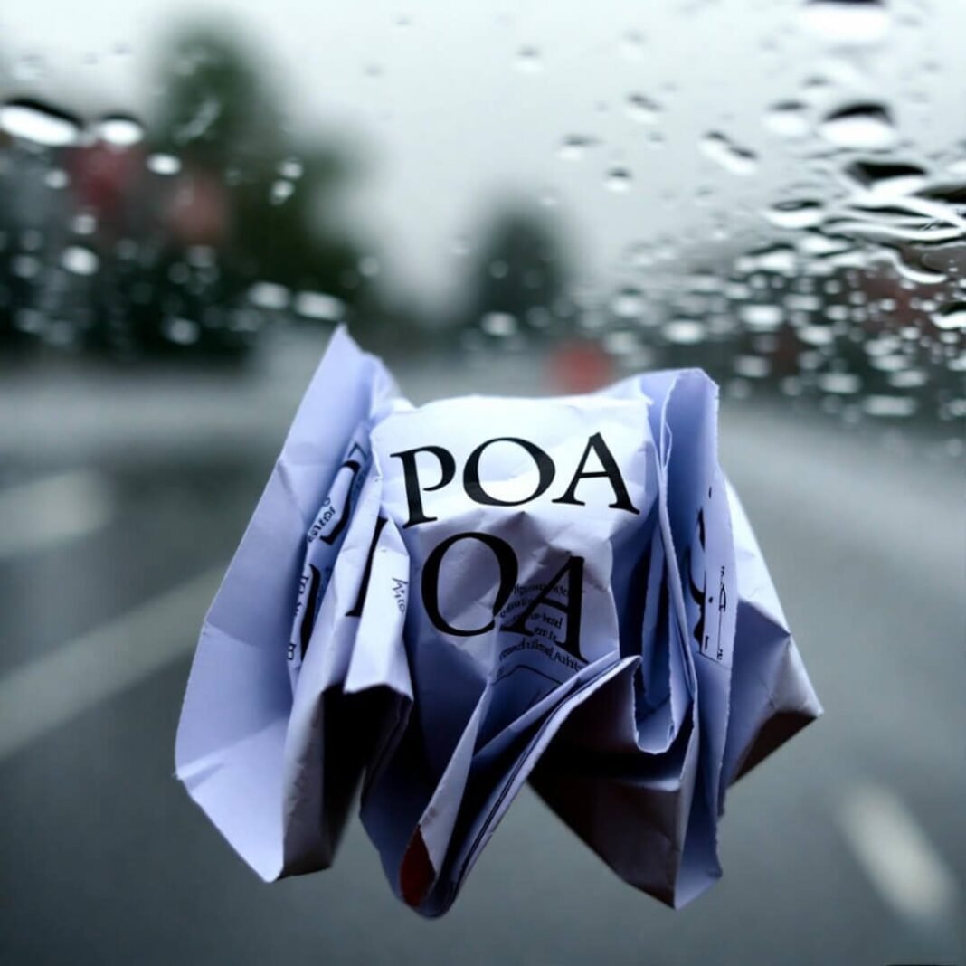 Wet POA form on rainy Seattle street.