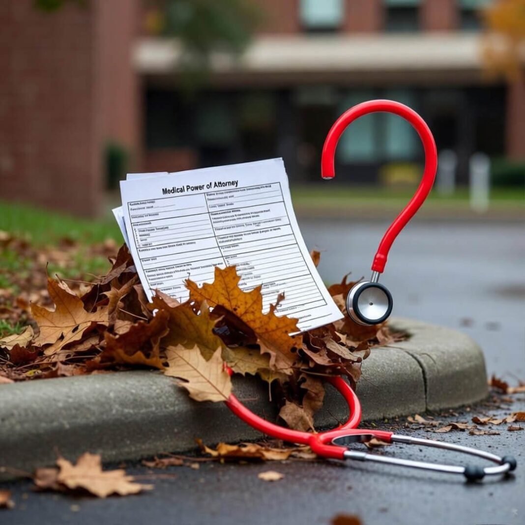 Crumpled POA form and stethoscope in leaves.