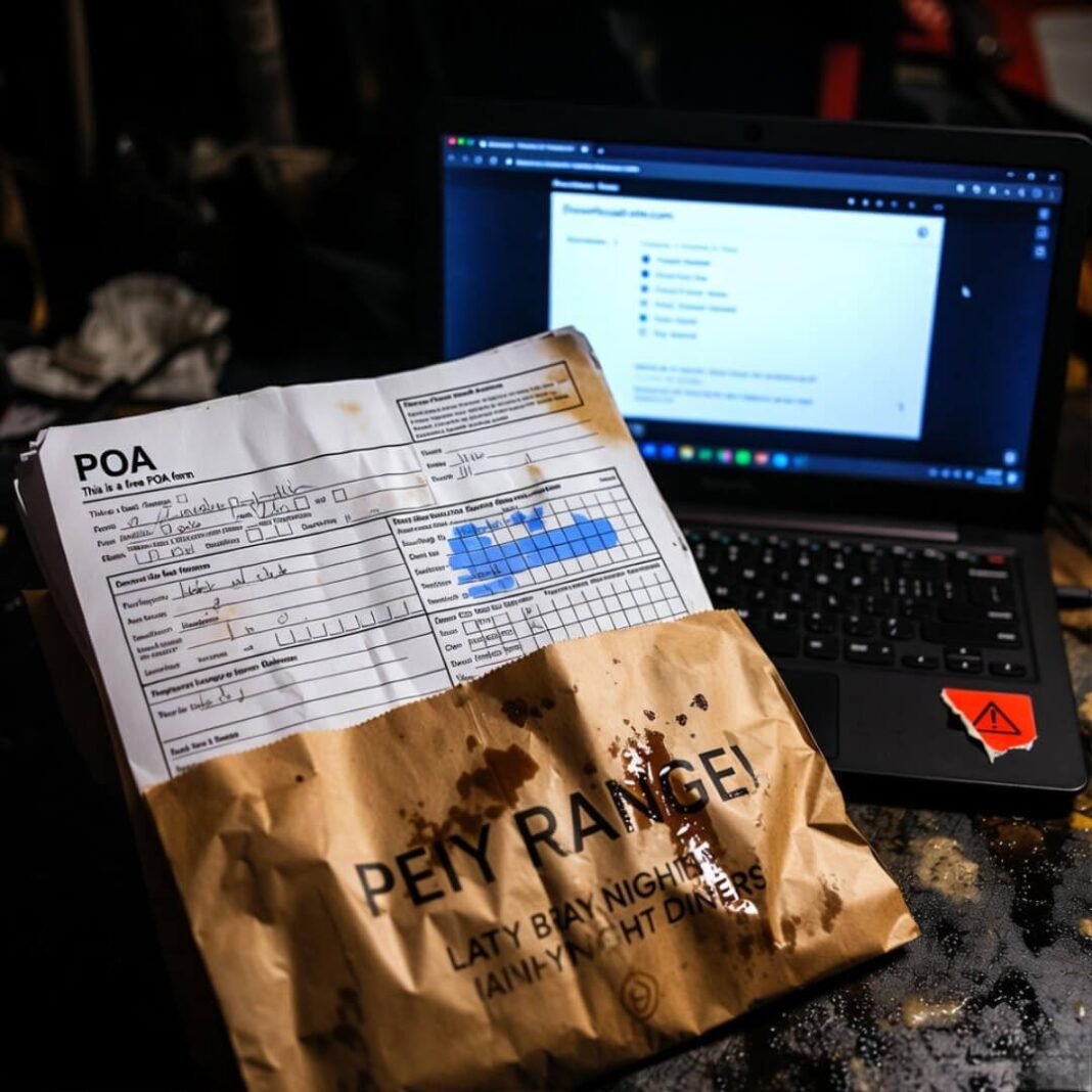 Crumpled POA in greasy bag, warning sticker.