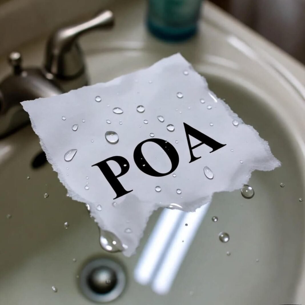 Torn POA paper in sink, wet.