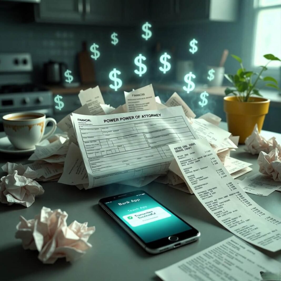 Cluttered table with coffee-stained POA form.