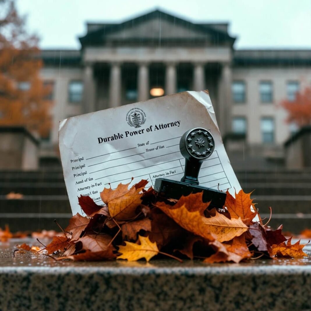 Rain-soaked POA form in autumn leaves, bleeding notary stamp.