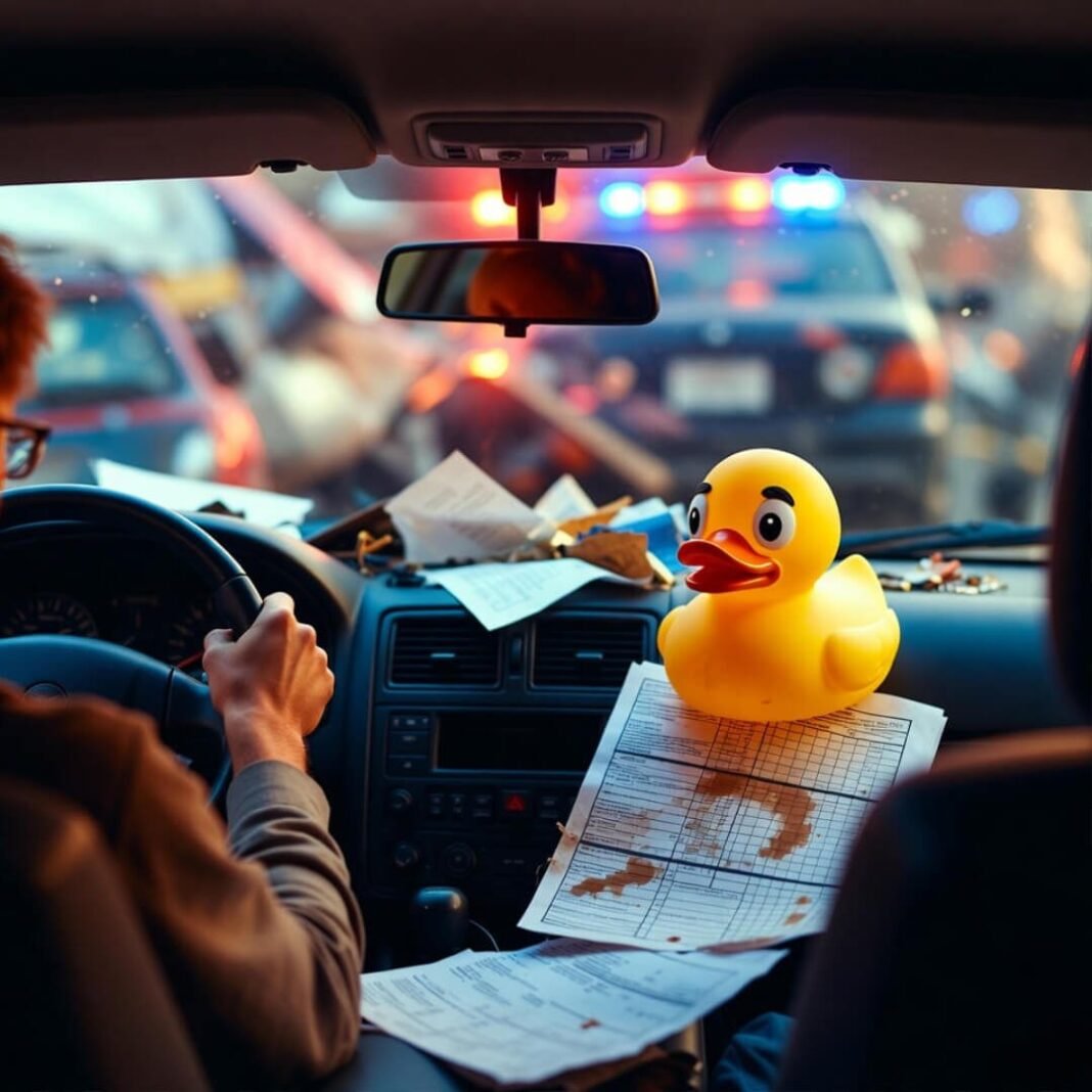 Blurry post-crash dashboard with stained checklist and judgmental duck.