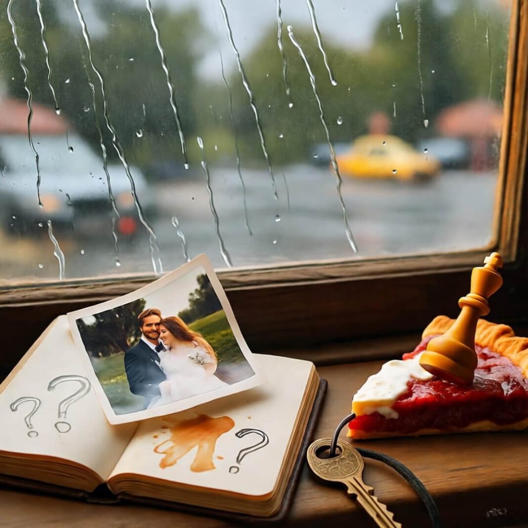 Crumbled wedding journal by rainy window, bittersweet divorce scene.