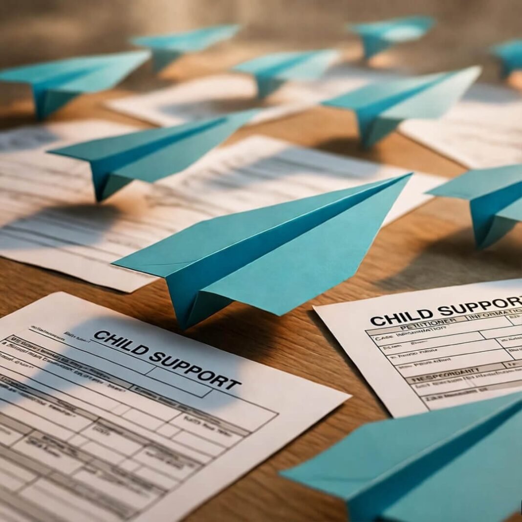 Cluttered table of child support forms and quirky paper airplanes, capturing solo filing frustration and faint hope.