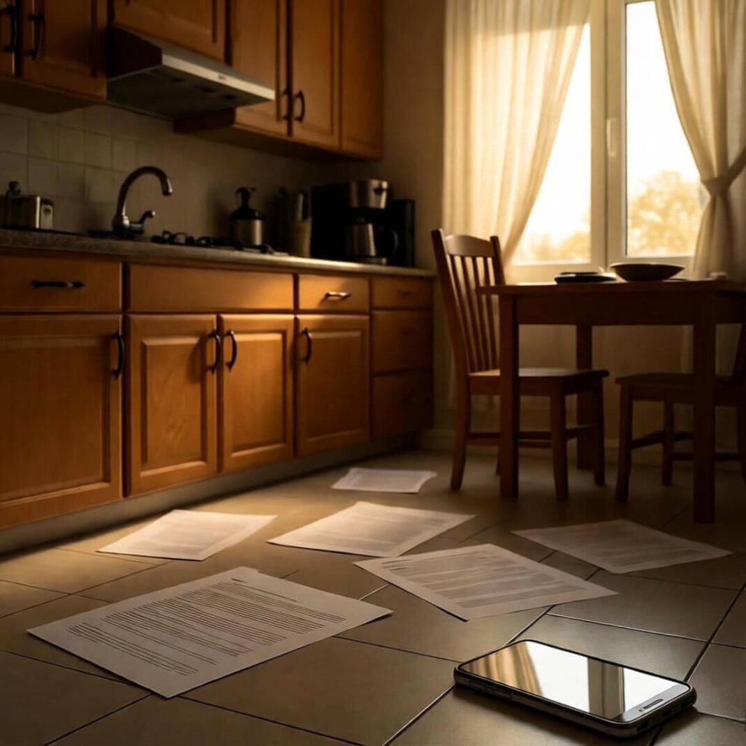 Floor-level divorce papers, glowing phone.