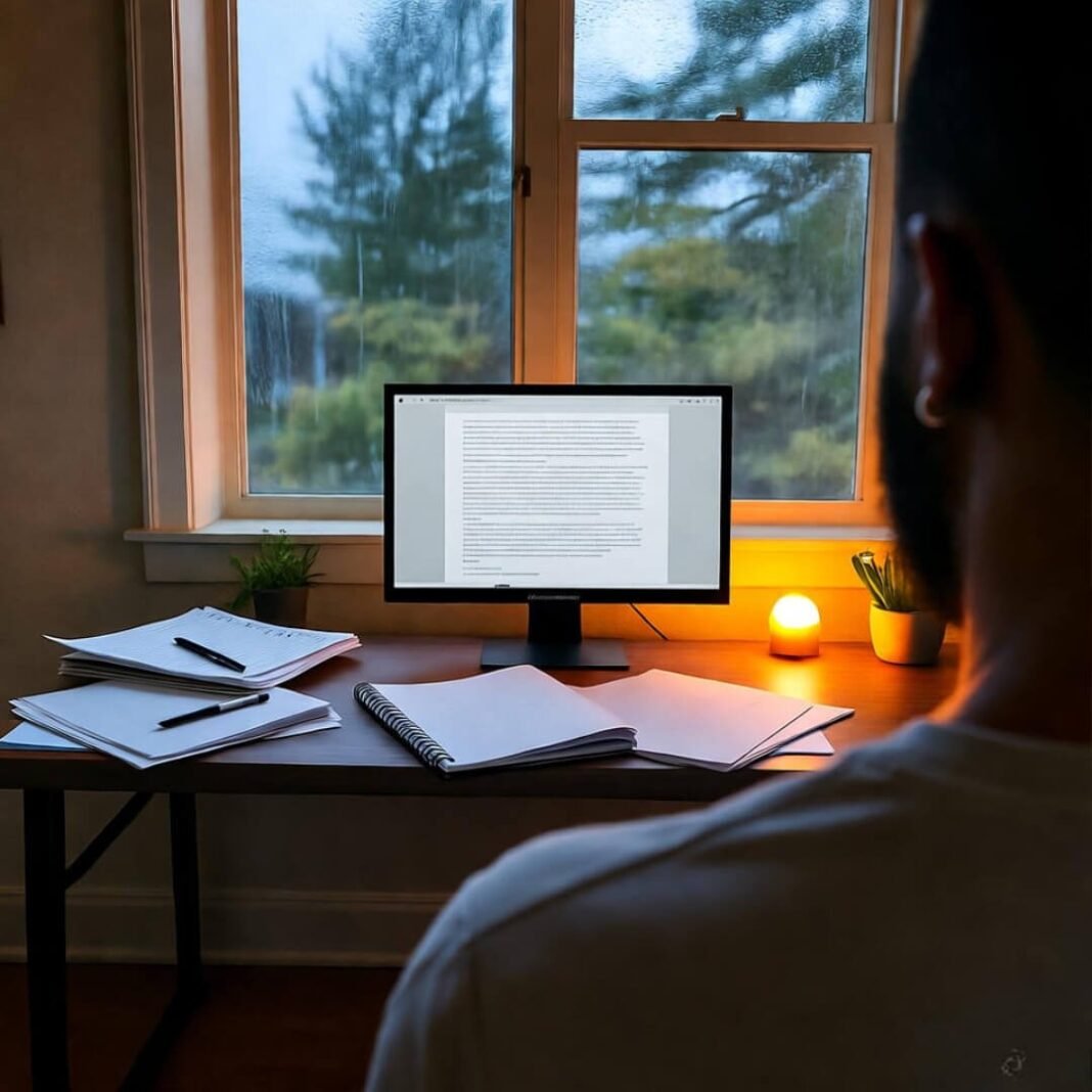 Chaotic desk, rain reflections, orange hope.