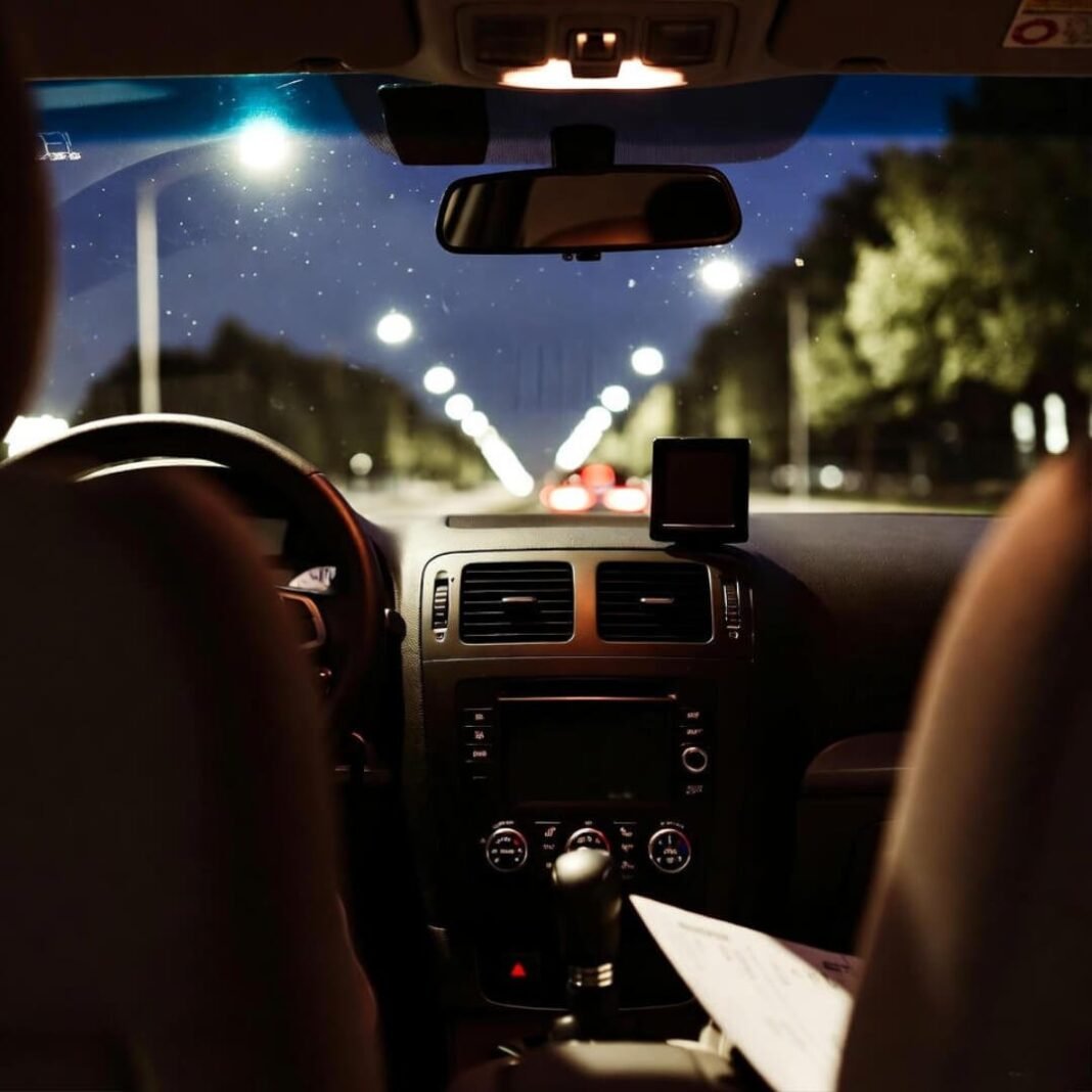 Blurry night drive unraveling into DUI defense myths maze, raven lawyer on dash.