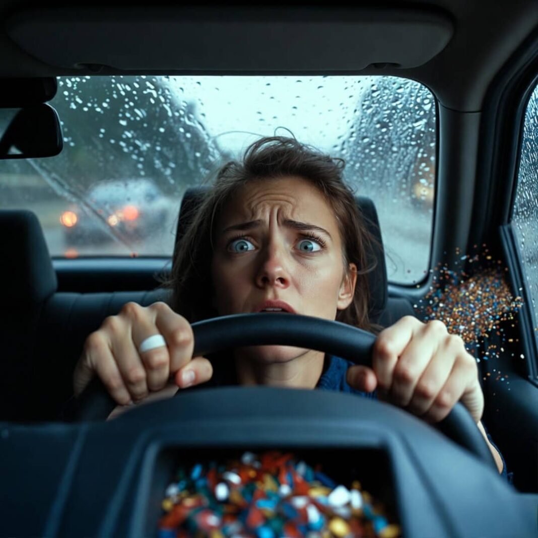 Blurry crash aftermath revealing sly auto accident insurance secrets through rain-smeared glass.