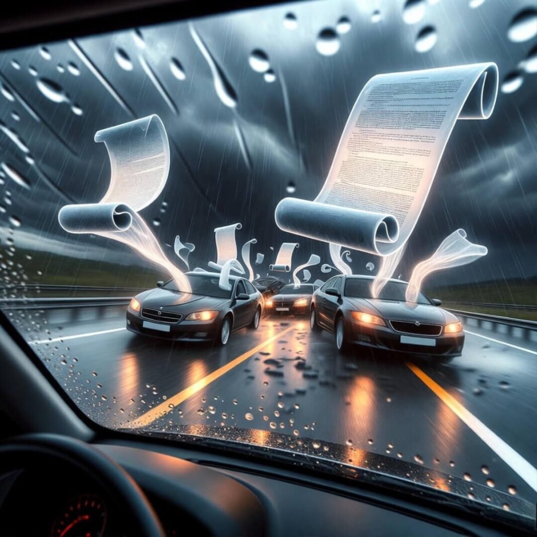 Blurry rainy highway crash with legal scrolls from exhaust.