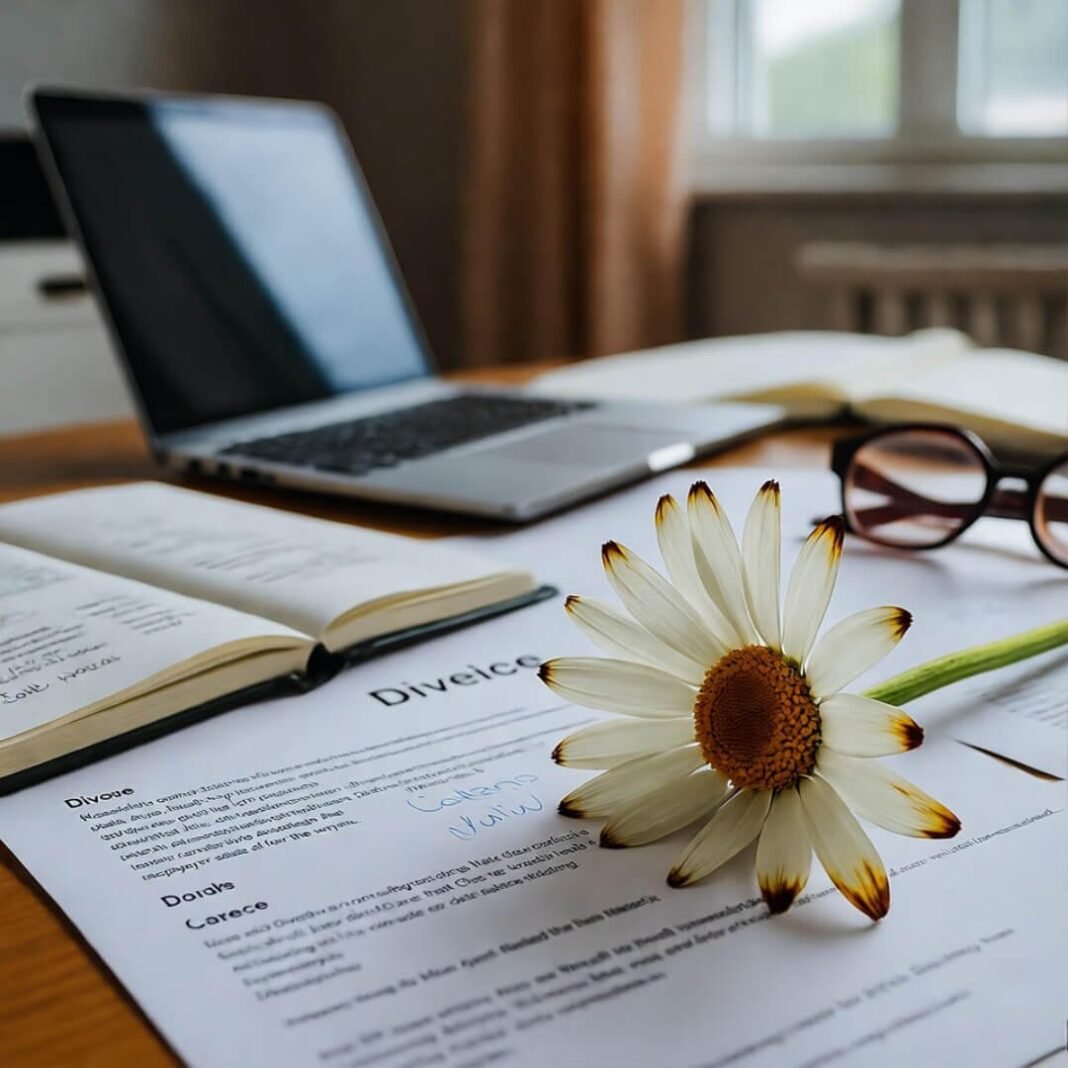 Wilting daisy on divorce papers.