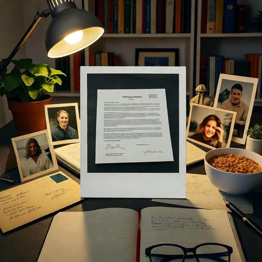 Vintage polaroid of child support modification docs amid family clutter, cautiously optimistic vibe.