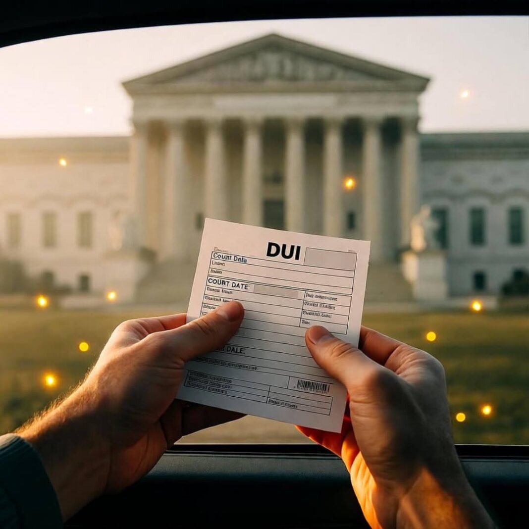 Shaky hands holding DUI ticket under courthouse shadow, firefly rebellion in the fog.