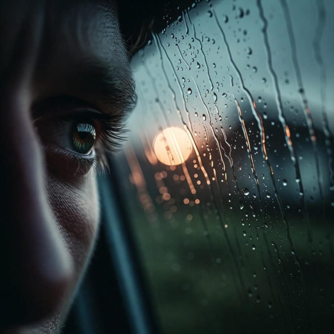 Hand with charger through rainy glass.